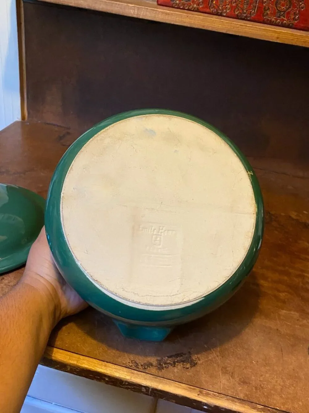 1990s Emile Henry Forest Green Round Ceramic Casserole Dutch Oven Vintage
